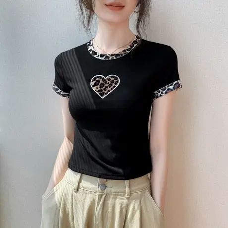 豹纹心型圆领短袖T恤女2025夏季新款设计感小众拼接正肩别致上衣图片
