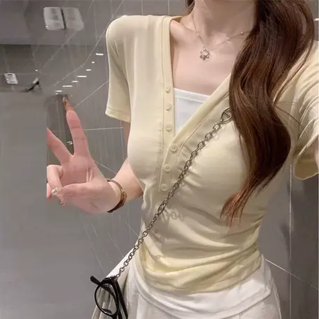 假两件设计感V领正肩短袖T恤女夏季修身韩版打底衫chic甜辣上衣潮商品大图
