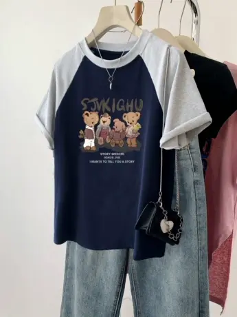 大码胖mm遮肚夏季女装T恤慵懒风插肩袖拼接ins潮纯棉复古短袖上衣商品大图