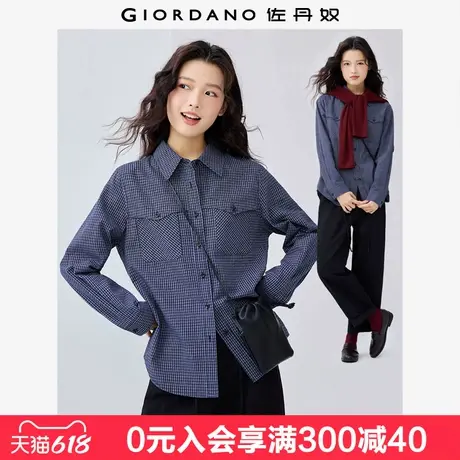 设计师款佐丹奴格子衬衫女新款复古通勤纯棉宽松长袖衬衣18345903商品大图