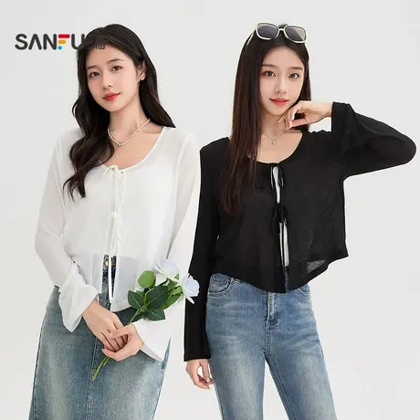 三福开衫夏季2025新款薄透肌理感绑带宽松罩衫小个子白色上衣女装图片