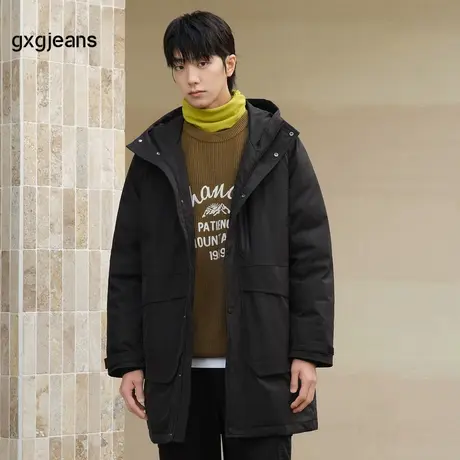 gxgjeans男装 2024年冬季新款中长款黑色保暖加厚连帽羽绒服男图片