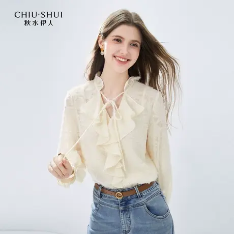 秋水伊人法式文艺V领衬衫秋季新款女复古设计感荷叶领上衣图片