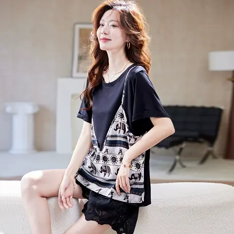 宝诗黎【新品价228元】假两件印花拼接T恤Y0707图片