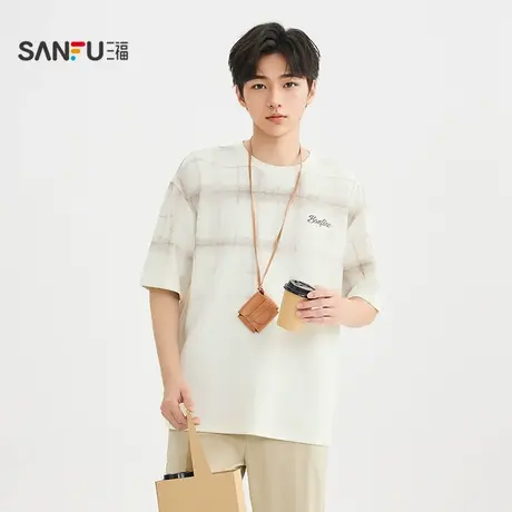 三福2025秋季男士肌理毛巾格重磅短T恤 休闲圆领上衣506239商品大图