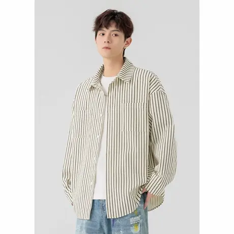 回力长袖衬衫男士春秋季2025新款条纹美式外套少年感宽松翻领衬衣图片