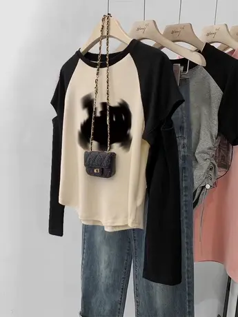 港味复古chic插肩T恤女秋高级感袖口破洞显瘦打底衫ins潮长袖上衣商品大图