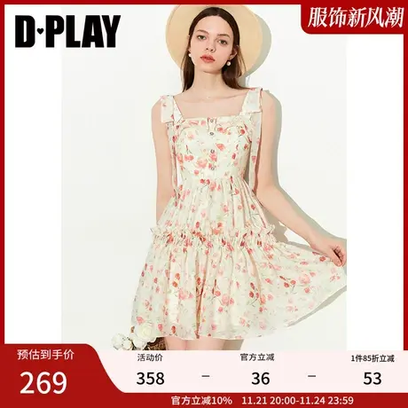 DPLAY夏少女感奶油玫瑰园蝴蝶结飘带抽褶蓬蓬裙度假风吊带裙图片