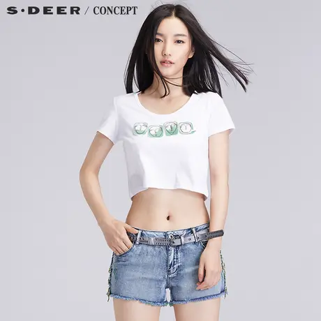 sdeer圣迪奥趣味毛毡绣花超短短袖t恤露脐S16280115图片