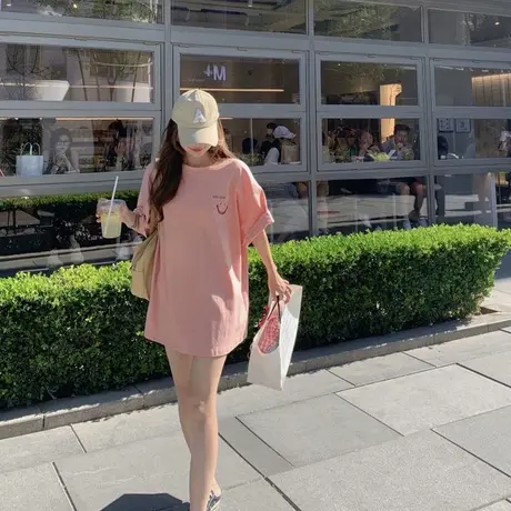 美式复古短袖T恤女粉色大码oversize夏季中长款打底上衣潮牌设计商品大图
