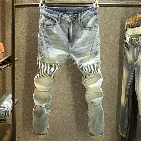 高端设计感男装牛仔裤修身弹力小脚裤美式复古黄泥机车裤子男潮牌商品大图