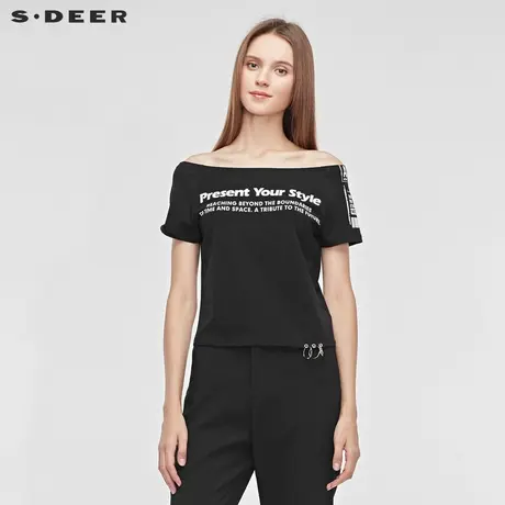 sdeer圣迪奥个性时尚撞色字母圆环镂空一字领短袖T恤S192801G8图片