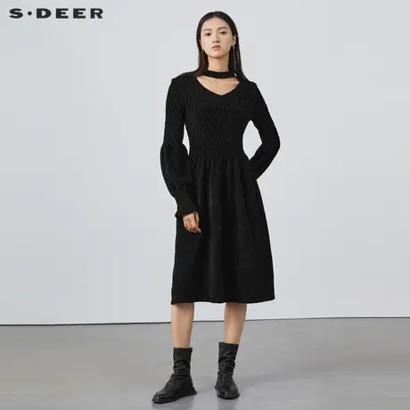 【直播间专属】sdeer圣迪奥女装镂空圆领肌理长袖连衣裙S223Z12CJ图片