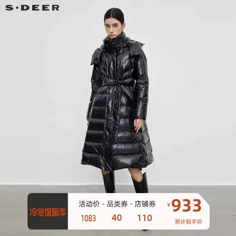 sdeer圣迪奥女装高领连帽收腰亮面长款羽绒服S23462402图片