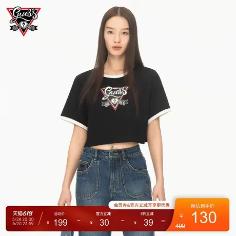 【GUESS x YUEQI QI联名系列】女士短款露脐圆领撞色logo圆领T恤图片