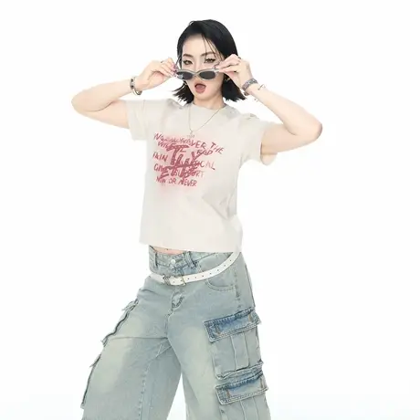 2025夏季新款修身短款正肩短袖T恤女字母印花ins甜辣风半袖上衣图片