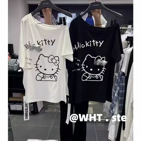 十三行女装韩系甜辣卡通kt斜领露肩短袖T恤女上衣(配可拆蝴蝶结)图片