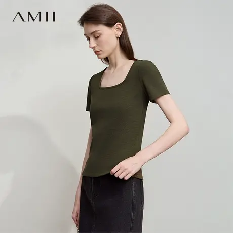 Amii2025夏极简纯色百搭方领U领短袖合体直筒棉弹力T恤女图片