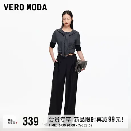 Vero Moda休闲裤2025秋季新款撞色米粒绣腰头捏褶阔腿裤通勤百搭商品大图