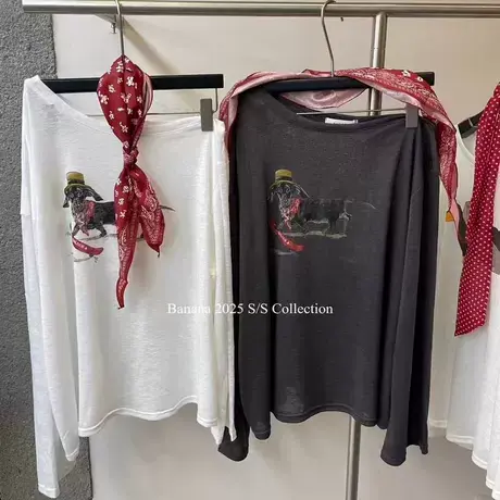 韩国东大门夏季新款卡通小狗印花薄款防晒罩衫长袖斜肩t恤上衣女商品大图