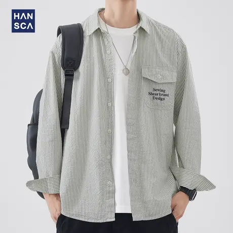 hansca翻领长袖衬衫男春季新款复古潮流细条纹青少年休闲衬衣外套商品大图