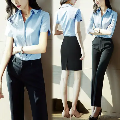 雀后夏季职业装套装女蓝色气质别致小众面试正装大学生空姐工作服商品大图