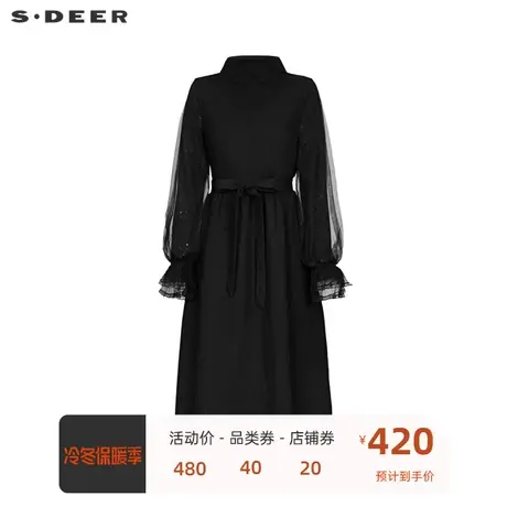 sdeer圣迪奥高领收腰网纱拼接花边连衣裙S233D1215商品大图