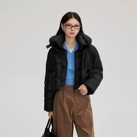 艾莱依黑色短款鹅绒服女新款休闲泡芙外套可脱卸U形枕羽绒服反季图片