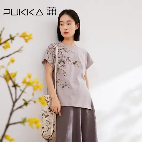 蒲PUKKA 新中式印花显瘦圆领连肩短袖T恤女夏季新品图片