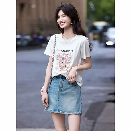 时尚短袖T恤2025年夏季新款女圆领通勤百搭简约印花街头个性上衣图片