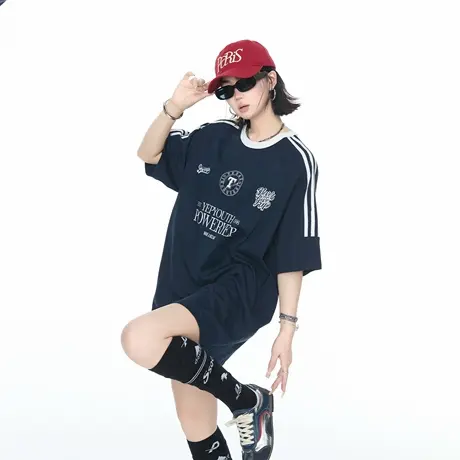 2025夏季新款撞色三道杠宽松印花短袖T恤女ins风纯棉情侣半袖上衣图片