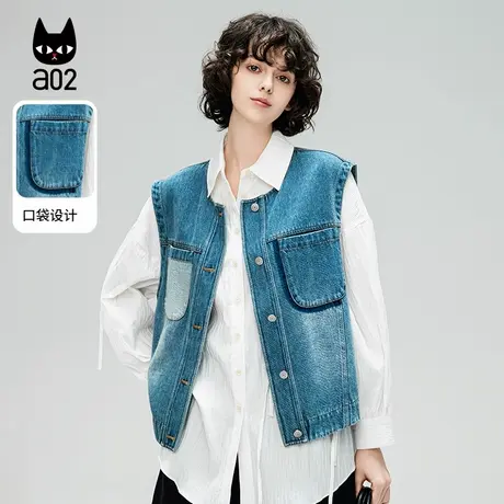 a02[ET自然系列]牛仔棉马甲背心女复古口袋工装宽松上衣短款外套商品大图