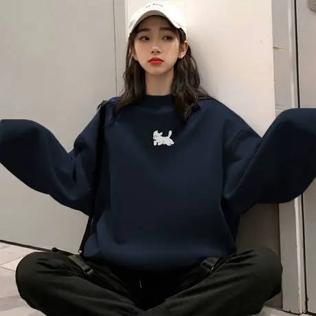 藏蓝色圆领卫衣女2025秋季新款爆款冬季加绒加厚宽松显瘦长袖上衣商品大图