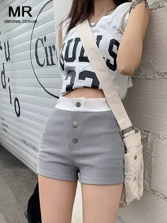 灰色辣妹紧身弹力休闲短裤女2025年夏季设计感高腰三粒扣百搭热裤商品大图