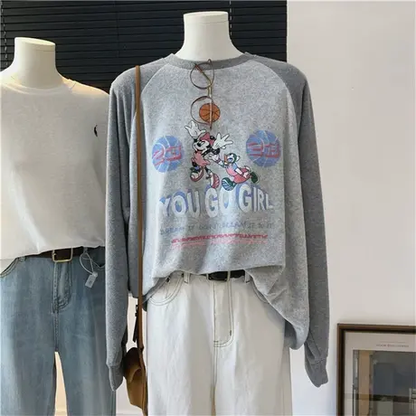 卡通米奇毛巾布拼色插肩袖时尚高品质青春休闲女式长袖宽松T恤衫图片