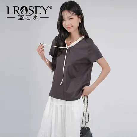 蓝若水大码女装2025夏季新品胖MM洋气系带V领上衣显瘦正肩短袖T恤商品大图