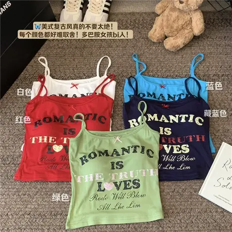美式字母印花蓝色吊带背心女夏季甜辣妹弹力修身外穿内搭短款上衣商品大图