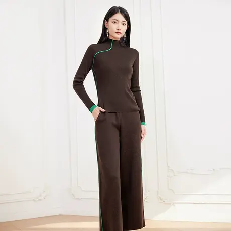 希区瑞普春羊毛半高领女拼色修身针织衫休闲裤套装商品大图