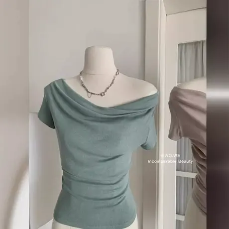 现货2024夏装新款纯欲温柔百搭不规则领口小众露肩短袖T恤图片
