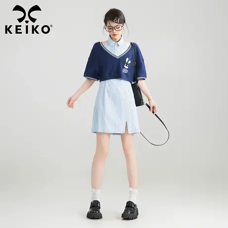 KEIKO 休闲通勤套装裙穿搭25夏季运动风短款上衣+挂脖条纹衬衫裙商品大图