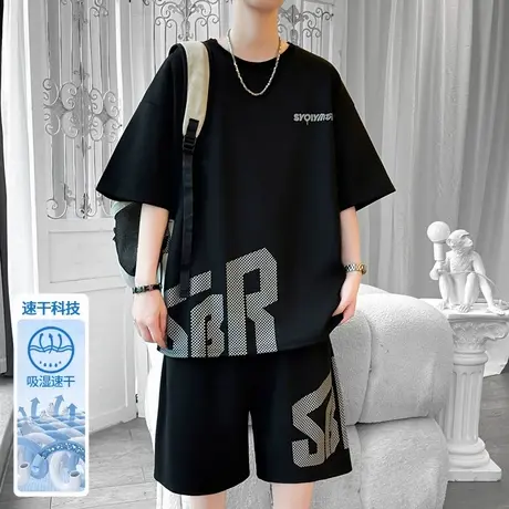 冰丝凉感短袖T恤男套装2025新款t夏季运动休闲五分短裤男装两件套图片