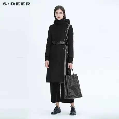 sdeer圣迪奥风衣高领连帽拼接收腰毛呢大衣女冬外套S20481830图片