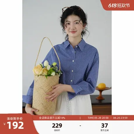 嘉茱莉miu系格纹长袖衬衫女2025春季新款蓝色格子别致上衣衬衣商品大图