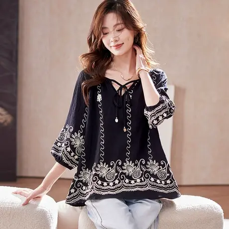 宝诗黎七分袖亮片刺绣衬衫女2025春季洋气文艺波嬉风大码休闲衬衣图片