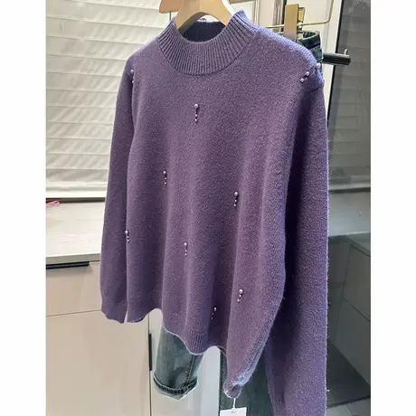 钉珠半高领套头毛衣女纯色长袖针织衫洋气女装上衣商品大图