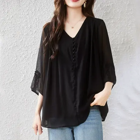 七分袖衬衫女夏季新款宽松加肥大码女装中年妈妈减龄百搭v领衬衣商品大图