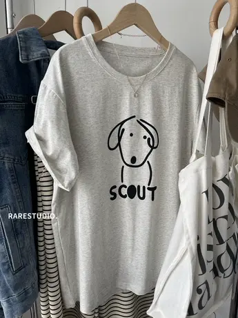 夏新款韩国线条小狗简约高级感宽松休闲百搭洋气短袖棉T恤女ins风商品大图