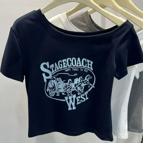 美式辣妹一字领露锁骨斜肩短袖T恤女2025夏新款字母印花短款上衣图片