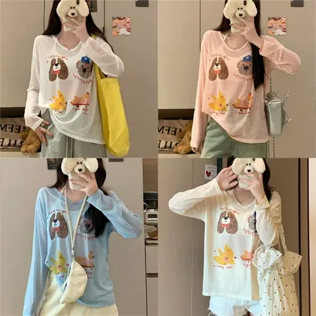 2025小狗印花薄款防晒T恤女夏休闲慵懒胖mm宽松罩衫打底长袖上衣图片