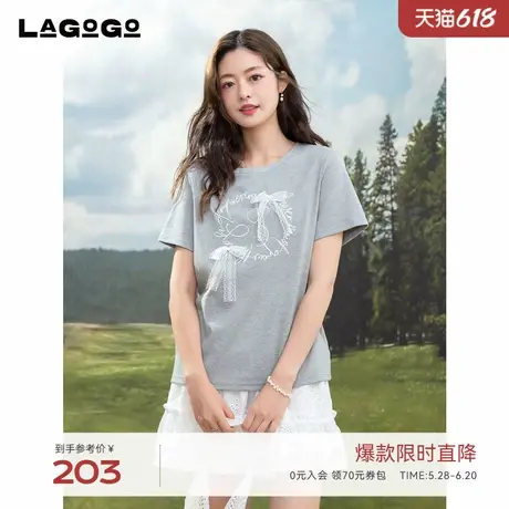LAGOGO蕾丝蝴蝶结印花宽松T恤女拉谷谷2025夏新款通勤淑女风上衣图片
